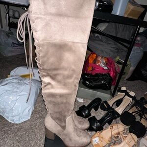 Women’s thigh high lace up gray boots